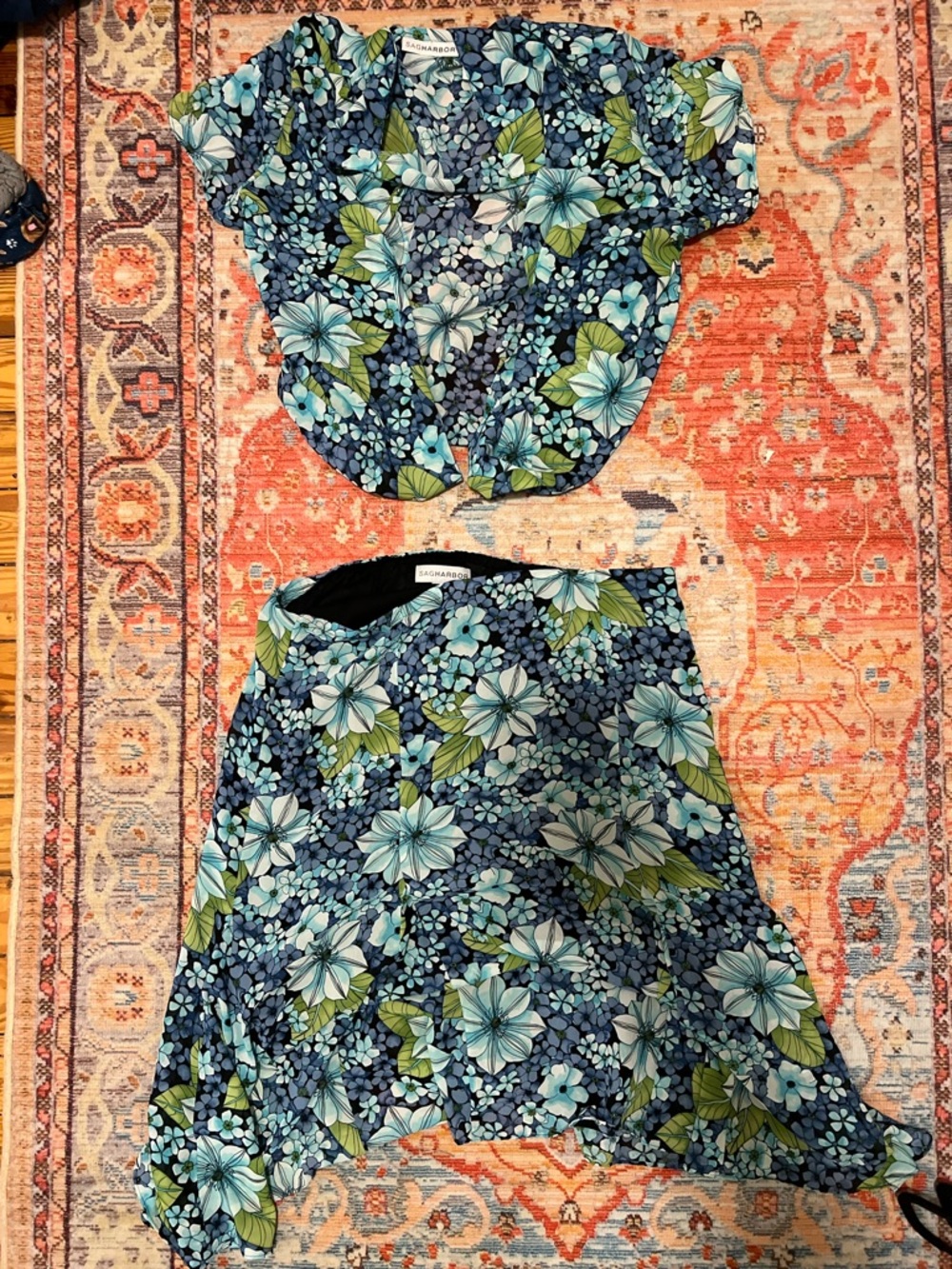 Two-Piece Floral button up top and Skirt Set in Navy, Aqua & Green